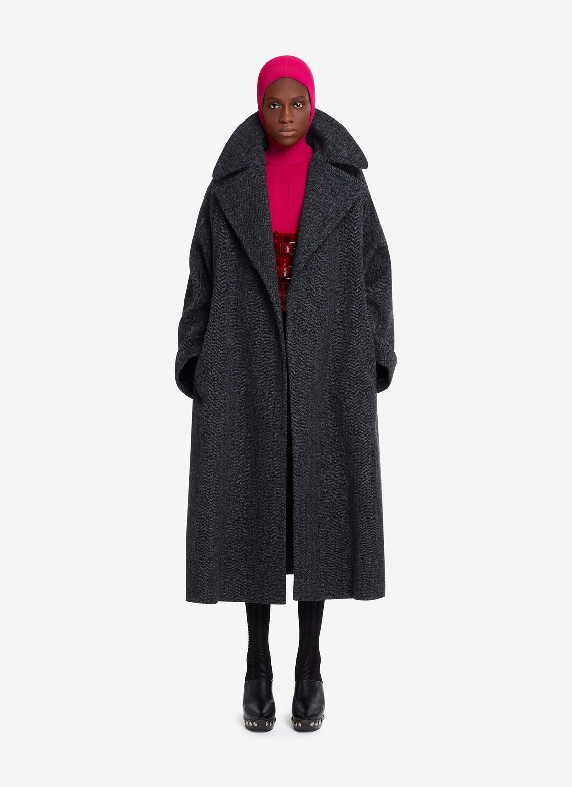 BELTED LONG CHEVRON COAT ALAÏA DARK GREY BELTED LONG CHEVRON COAT
